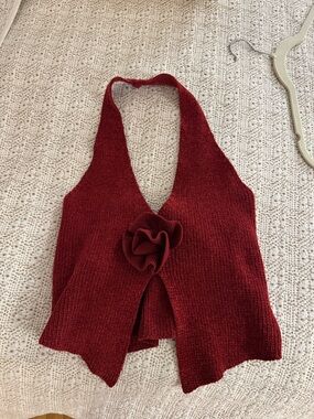 Red Knit Halter Top with Rosette Accent